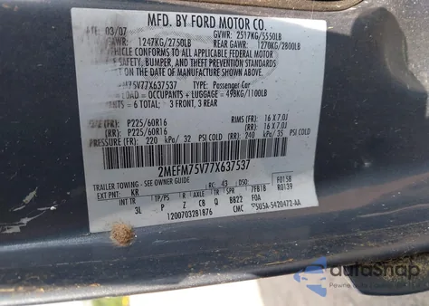 2007 Mercury Grand Marquis Ls from USA, damaged, VIN 2MEFM75V77X637537